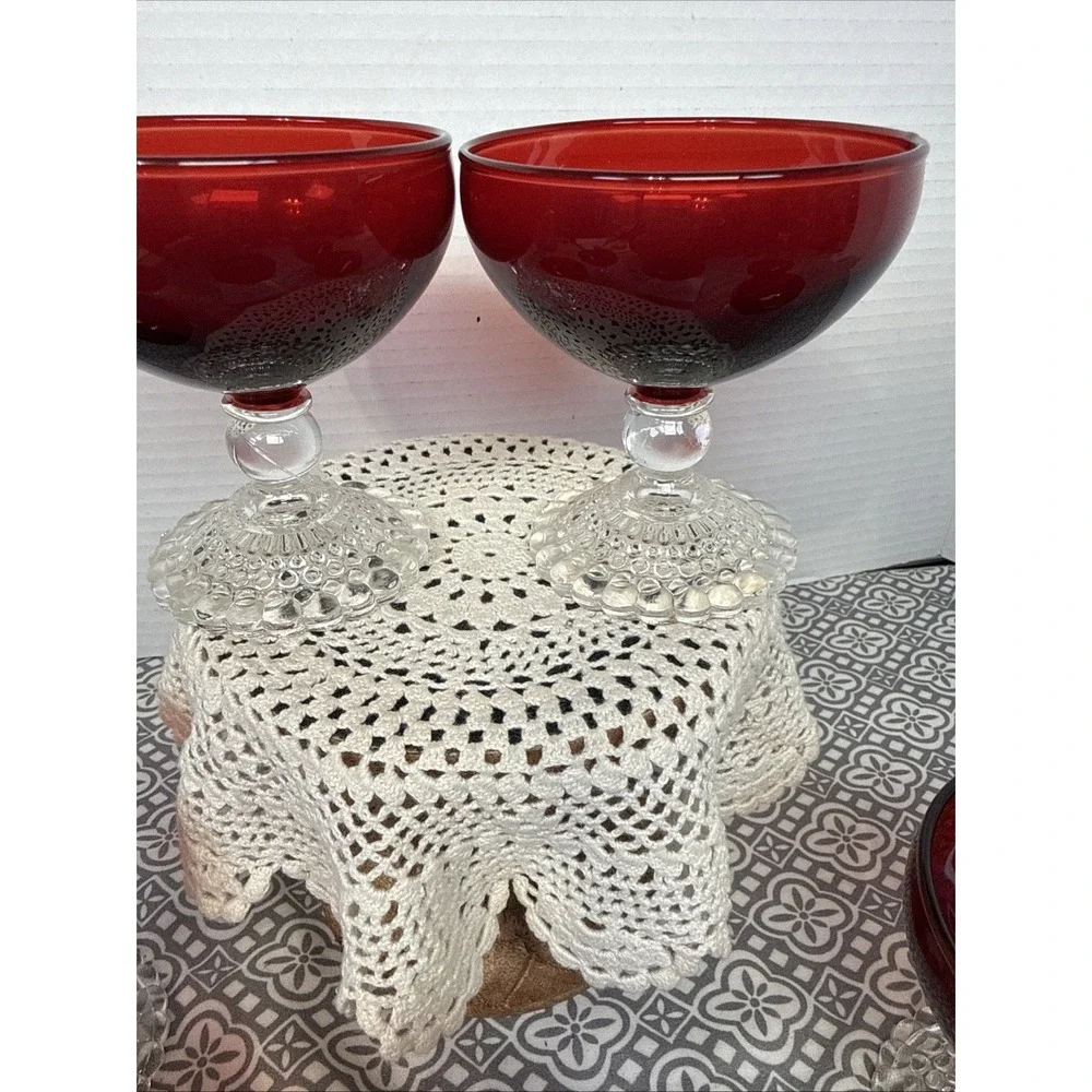 Vtg. Anchor Hocking BUBBLE FOOT ROYAL RUBY Red Champagne Sherbet Glasses Set/8